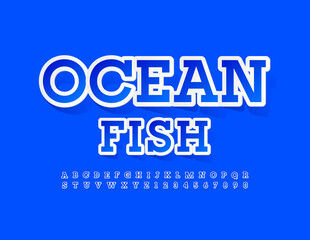 Obraz premium Vector modern template Ocean Fish. Blue sticker Font. Creative Alphabet Letters and Numbers set