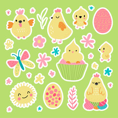 Easter greeting stickers with bunny. Vector illustration. Set of cute cartoon characters and elements.