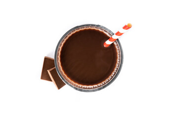 Chocolate milkshake in glass isolated on white background. Top view