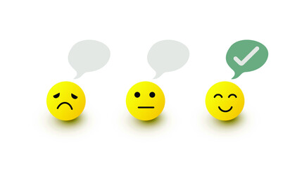 Obraz premium Yellow round 3D emoji symbols show various colors and moods and text boxes. On white background the shadow fall vector illustration.