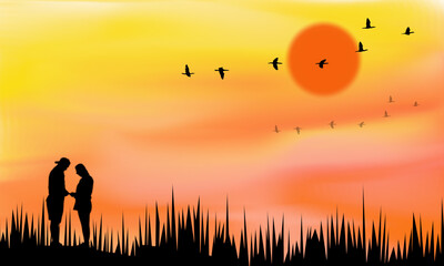 illustration of  silhouette couple with blur sen set nature background © apithana