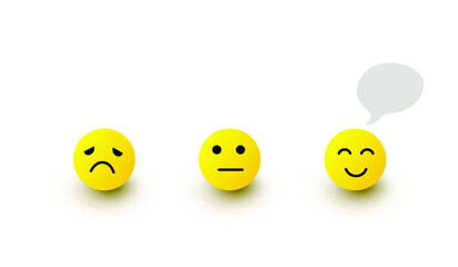 Yellow round 3D emoji symbols show various colors and moods and text boxes. On white background the shadow fall vector illustration.