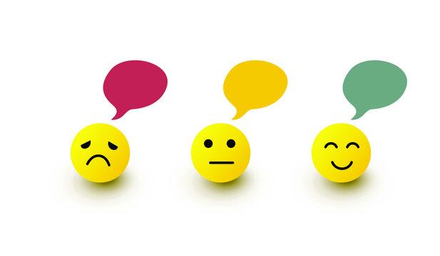 Yellow round 3D emoji symbols show various colors and moods and text boxes. On white background the shadow fall vector illustration.