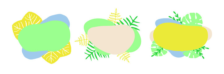 Vector set of hand-drawn speech bubbles with tropical leaves and plants. Blanks for text, phrases, banners for design, simple, flat, cute, isolated. Оrganic, natural, delicate, geometric shapes. 2021