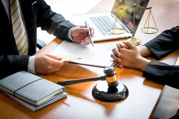 lawyer consulting concept, Businessman and Male lawyer or judge consult having team meeting with...