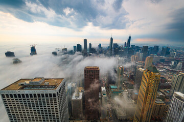 Chicago, IL, USA Downtown Cityscape with a Fog