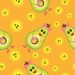 Avocado pattern seamless. Funny fruits, daisies and the sun, chamomile. On an orange background. For textiles, fabrics, children's clothing, design for kids. Vector