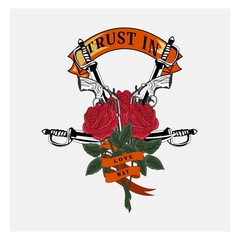 Roses with guns and swords illustration for your clothing design or symbol.  