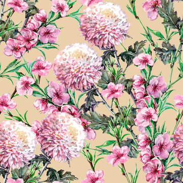 Garden flowers chrysanthemum with flowers peach painted in watercolor. Floral seamless pattern on beige  background.