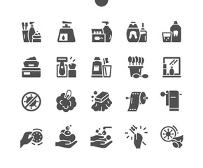 Hygiene. Clean hand. Feminine intimate hygiene. Toilet paper, cream, razor, earbuds and soap. Bathroom. Dental care. Vector Solid Icons. Simple Pictogram