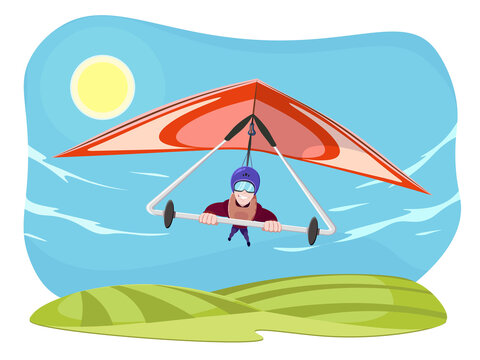 Hang gliding character vector illustration isolated on white background. Cheerful hang gliding tandem flying in sky