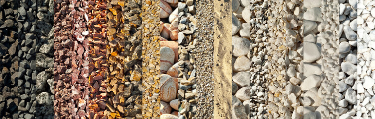 Drainage systems from small pebbles. Garden drainage for plants and trees. Collage of different...