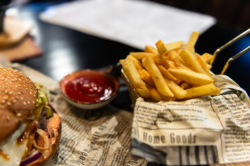 The Burger with the fries. A real burger in the restaurant.