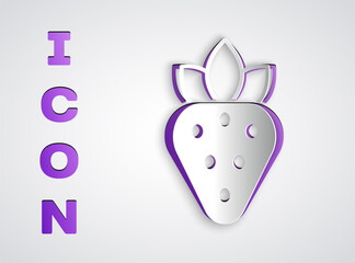Paper cut Strawberry icon isolated on grey background. Paper art style. Vector