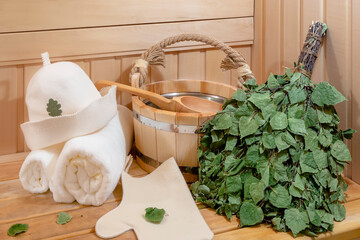 Russian Sauna and accessories: birch broom, wooden bucket, Towel