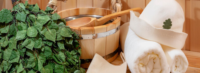 Russian Sauna and accessories: birch broom, wooden bucket, Towel