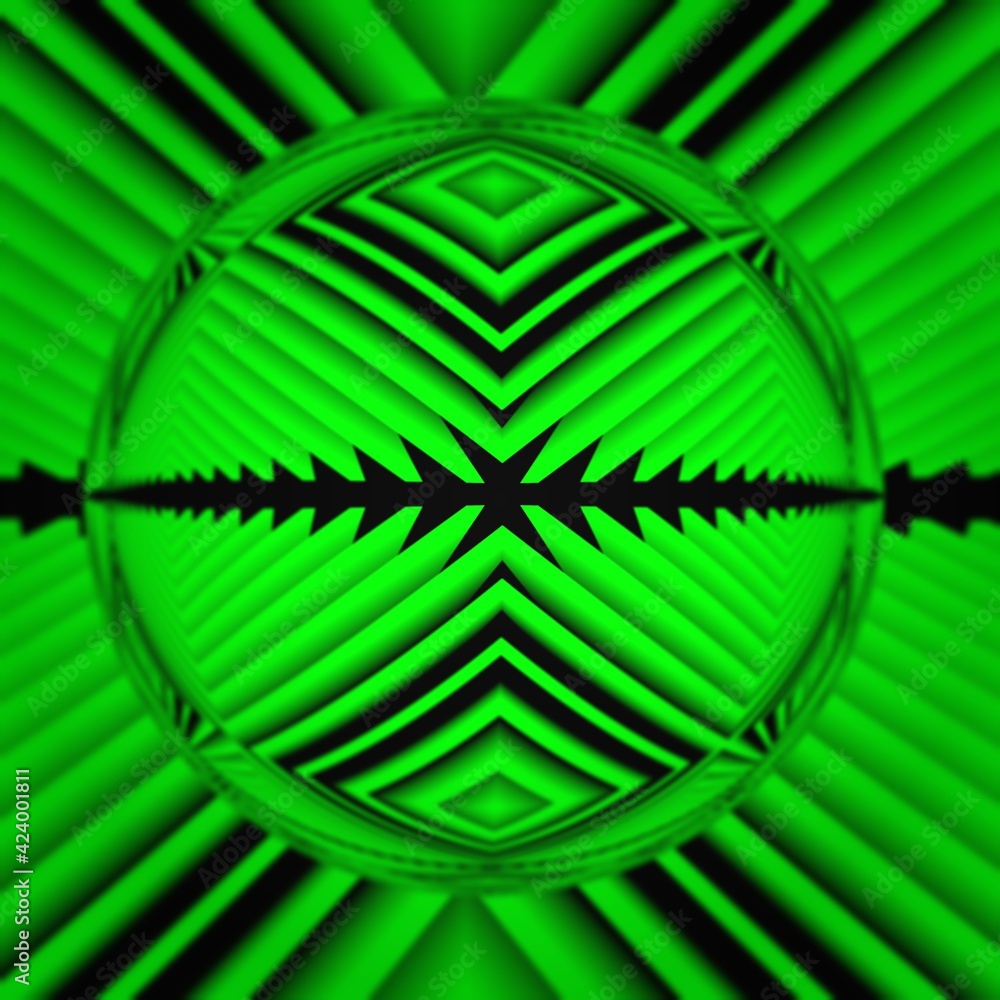 Poster 3d design of many diagonal isometric rectangular shapes in very bright neon green colour on a black 