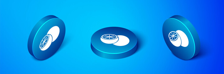 Isometric Orange fruit icon isolated on blue background. Blue circle button. Vector