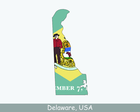 Delaware Map Flag. Map of DE, USA with the state flag isolated on white background. United States, America, American, United States of America, US State. Vector illustration.