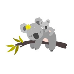 Vector illustration of a cute koala face. Koala mom and baby. Mother's Day vector cards. Scandinavian style flat design. Concept for children print.