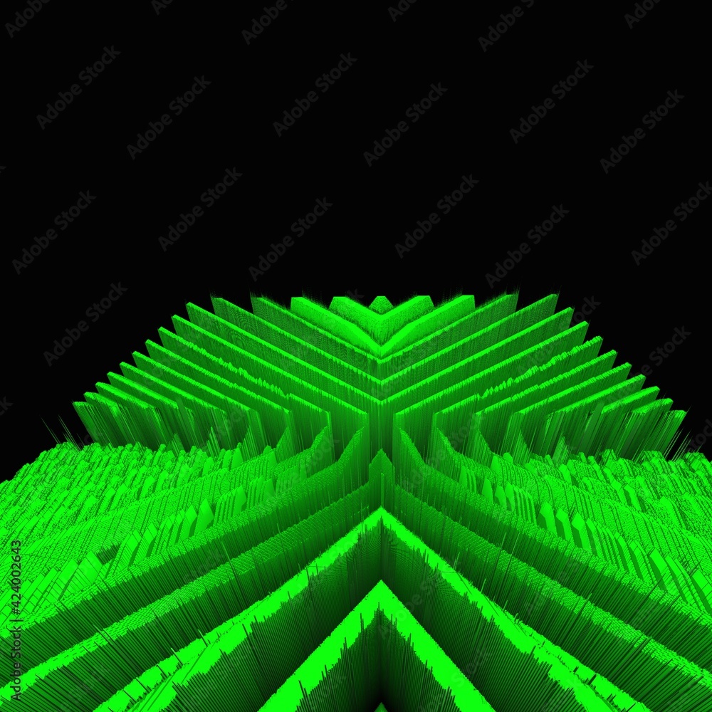 Poster 3d design to vanishing point from many diagonal isometric rectangular shapes in very bright neon gre