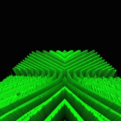 3d design to vanishing point from many diagonal isometric rectangular shapes in very bright neon green colour on a black background