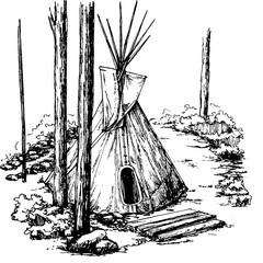 tipi in the woods sketch teepee tent monochromatic hand drawn illustration  © Marina