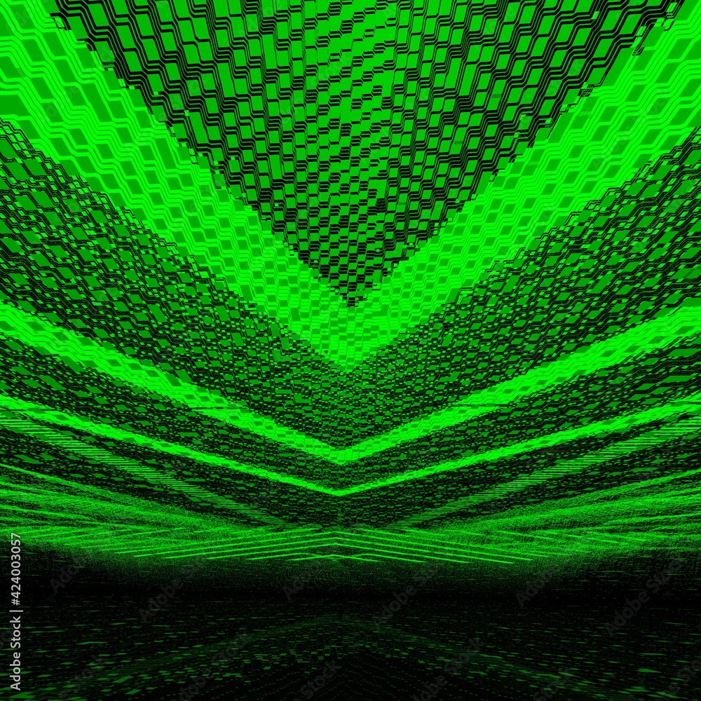 Poster 3d design to vanishing point from many diagonal isometric rectangular shapes in very bright neon gre
