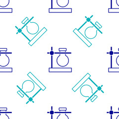 Fototapeta premium Blue Glass test tube flask on stand icon isolated seamless pattern on white background. Laboratory equipment. Vector