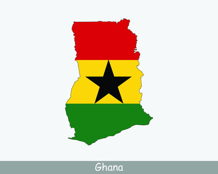 Ghana Map Flag. Map of the Republic of Ghana with the Ghanaian national flag isolated on white background. Vector Illustration.