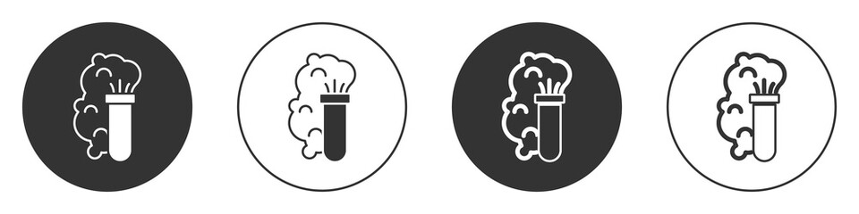 Black Chemical experiment, explosion in the flask icon isolated on white background. Chemical explosion in a test tube. Circle button. Vector