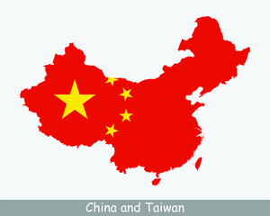 China and Taiwan Map Flag. Map of China and Taiwan with the Chinese national flag isolated on white background. Vector Illustration.