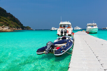 Fototapeta premium Beautiful beach Raya Island, Phuket , South of Thailand . Summer holiday and vacation concept background. Inspirational tropical landscape design. Tourism and travel design