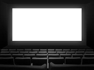 Cinema movie theatre with seats and a blank white screen