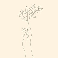 Female hand holding flower. Vector illustration in minimal linear style for beauty, cosmetic, jewellery concepts