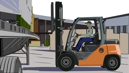 A forklift with a driver unloads a truck platform.