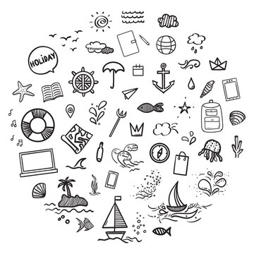 Hand drawn holiday elements on isolated background. Summer holidays. Signs and symbols. Freehand art. Black and white illustration