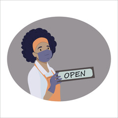  open.Welcome back after the pandemic.vector template for planting, banner, poster.We are working again after the coronavirus.An African-American woman in a mask opens a cafe, shop, shop, salon.