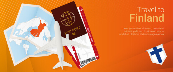 Travel to Finland pop-under banner. Trip banner with passport, tickets, airplane, boarding pass, map and flag of Finland.