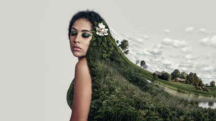 Collage portrait of a young girl in nature dress. Spring and Environmental conservation concept. 