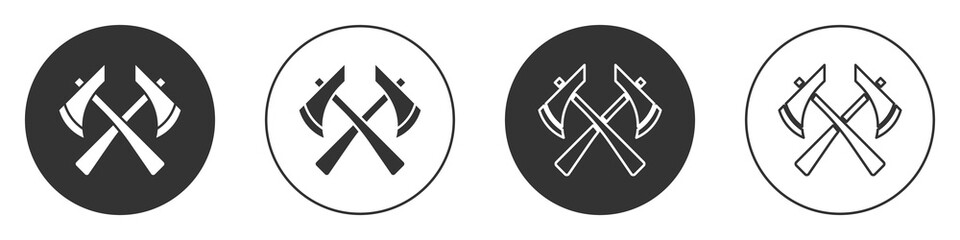 Black Firefighter axe icon isolated on white background. Fire axe. Circle button. Vector