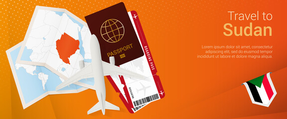 Travel to Sudan pop-under banner. Trip banner with passport, tickets, airplane, boarding pass, map and flag of Sudan.