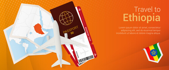Travel to Ethiopia pop-under banner. Trip banner with passport, tickets, airplane, boarding pass, map and flag of Ethiopia.
