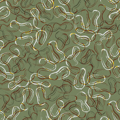 Abtract peanut shell line art seamless vector pattern background. Cluster of monkey nuts in calligraphy brush style. Sage green ochre silver blended layers backdrop. Legume repeat for food concept