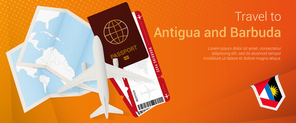 Travel to Antigua and Barbuda pop-under banner. Trip banner with passport, tickets, airplane, boarding pass, map and flag of Antigua and Barbuda.