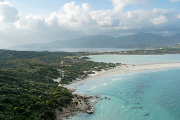 Aerial view of beautiful seascape in Sardinia, Villasimius Italy. Porto Giunco beach in winter season.