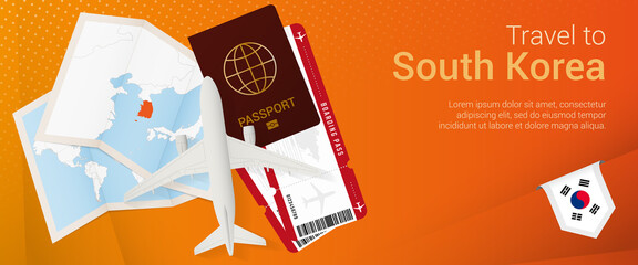 Travel to South Korea pop-under banner. Trip banner with passport, tickets, airplane, boarding pass, map and flag of South Korea.