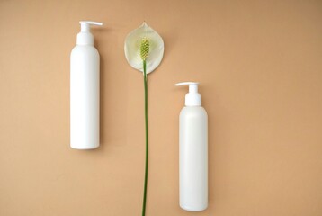 Hair and body products on a pastel beige background. Organic SPA beauty products for hair and body care. Flat lay, top view. beauty products set. 