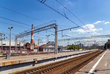 Fototapeta na wymiar On the train station platform-- Kursky railway terminal (also known as Moscow Kurskaya railway) is one of the nine railway terminals in Moscow, Russia