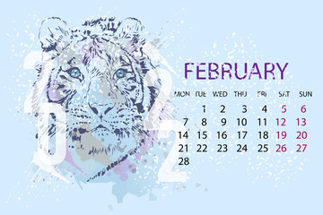 
2022 February, Calendar month with a tiger head. Contour graphics on an abstract background of imitation of watercolor texture. Vector illustration.
